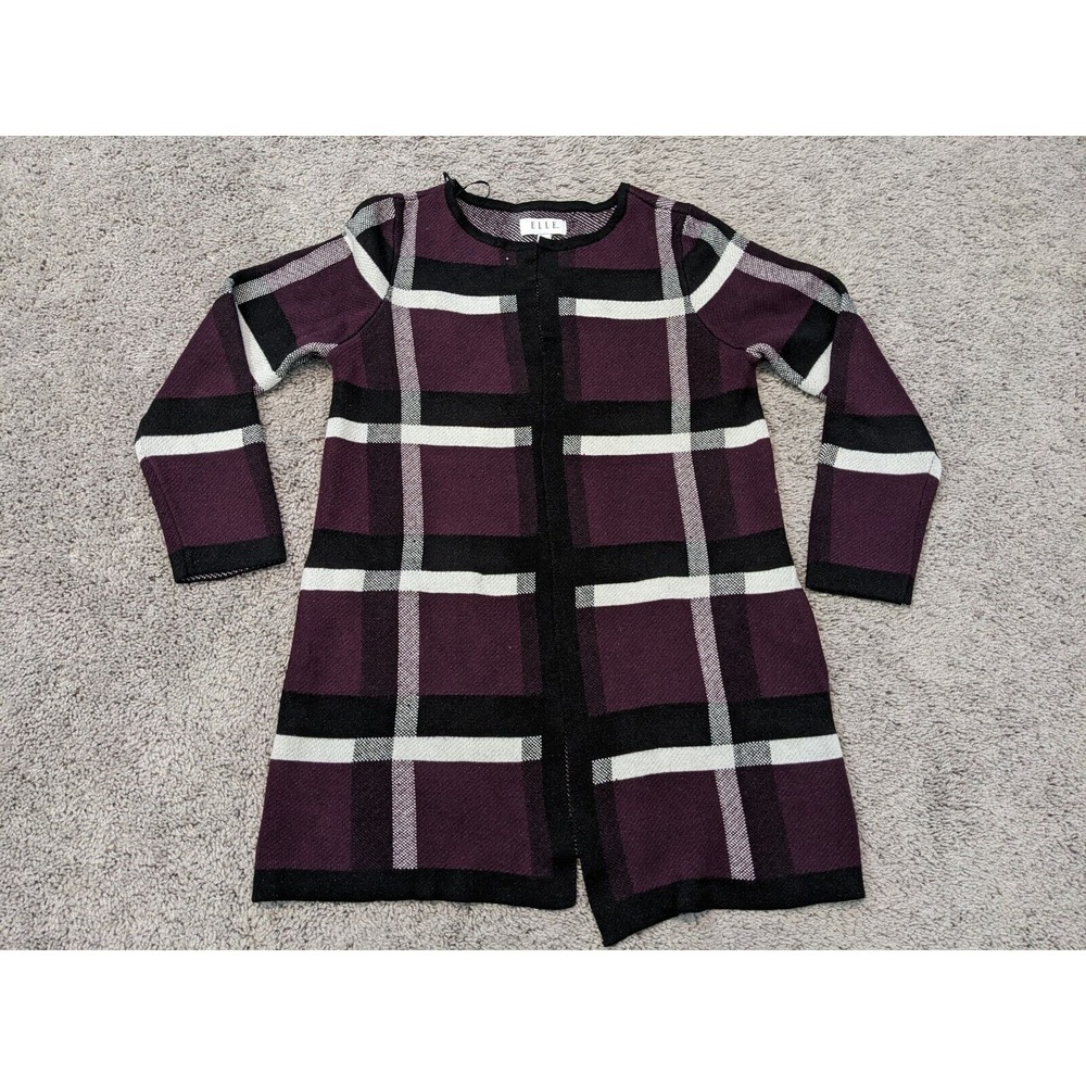 ELLE Cardigan Womens Small Duster Open Front Career Sophisticated Check